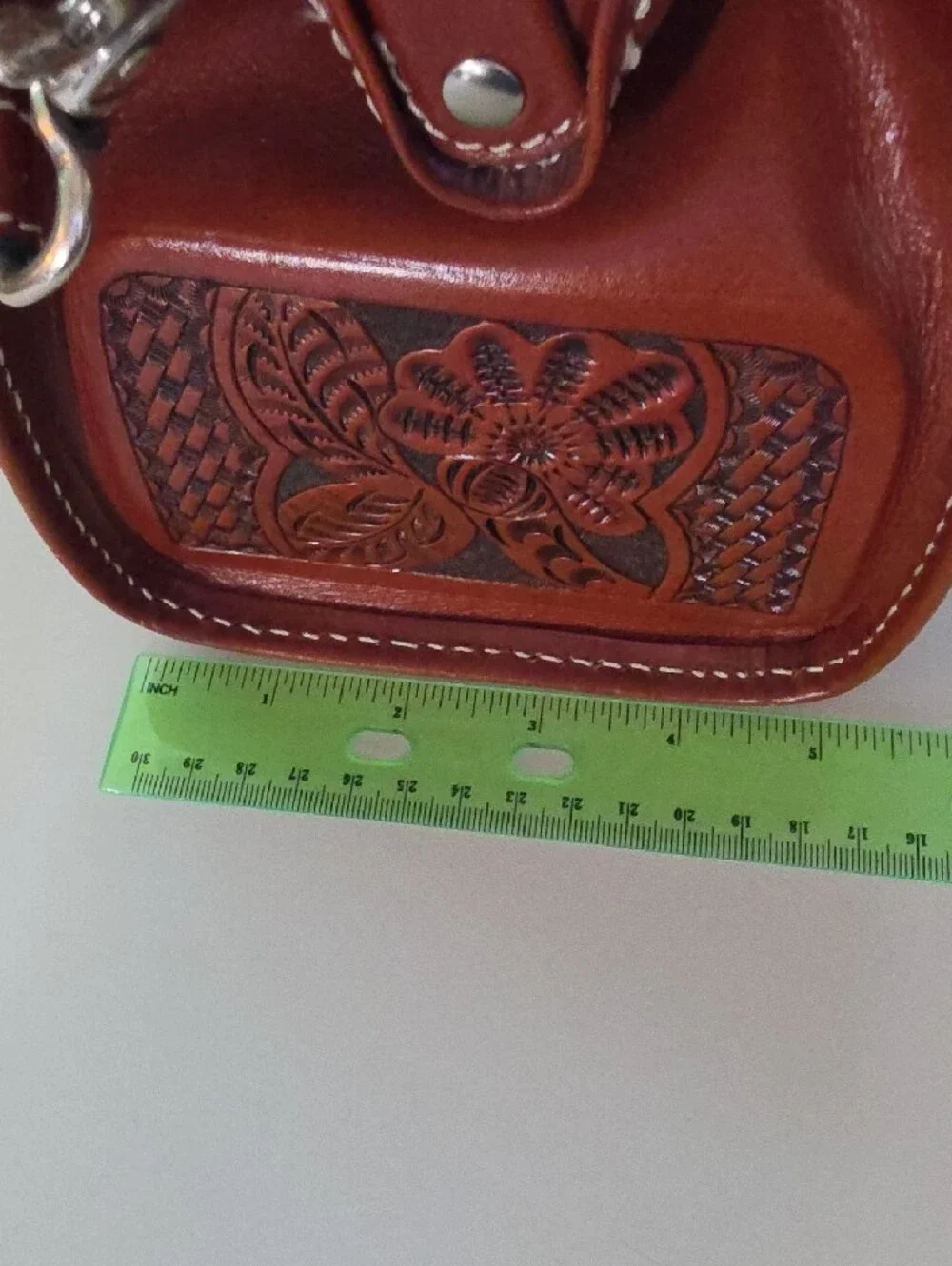 Women’s Tooled Leather Crossbody Bag in Saddle Brown with Silver Buckle